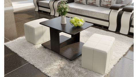 Стол Журнальный с Пуфиками «Капри» Венге Цаво/Кож.Зам Светлый/Ш-600× Д-800 × В-500 мм